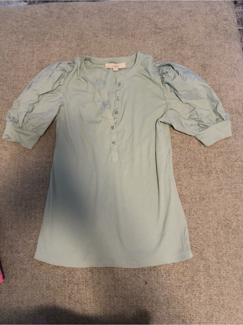LOFT Sage Green Ribbed Puff Sleeve Henley Top | Balloon Sleeves | Size Small